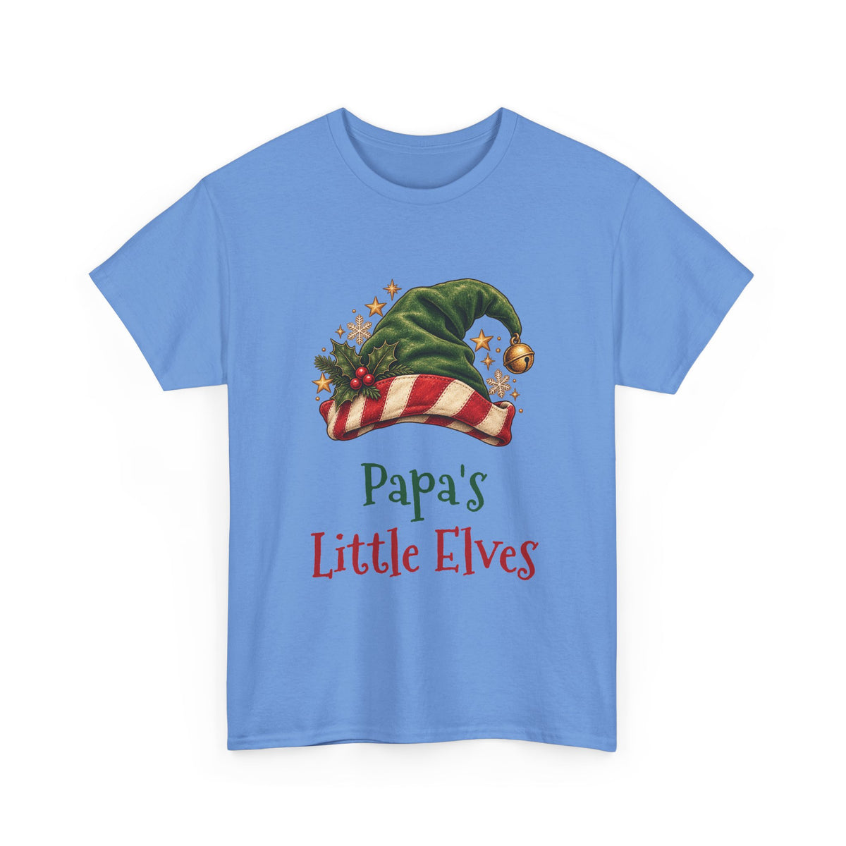 Carolina Blue Papa's Little Elves t-shirt with a green elf hat and holly, front view