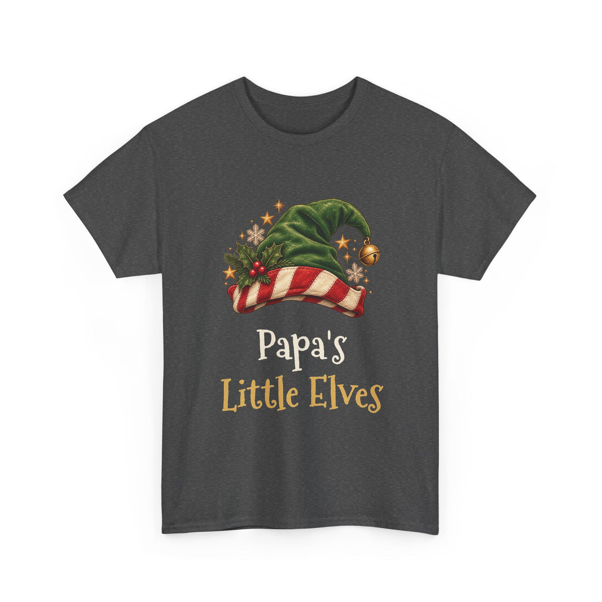Dark Heather Papa's Little Elves t-shirt with a green elf hat and holly, front view