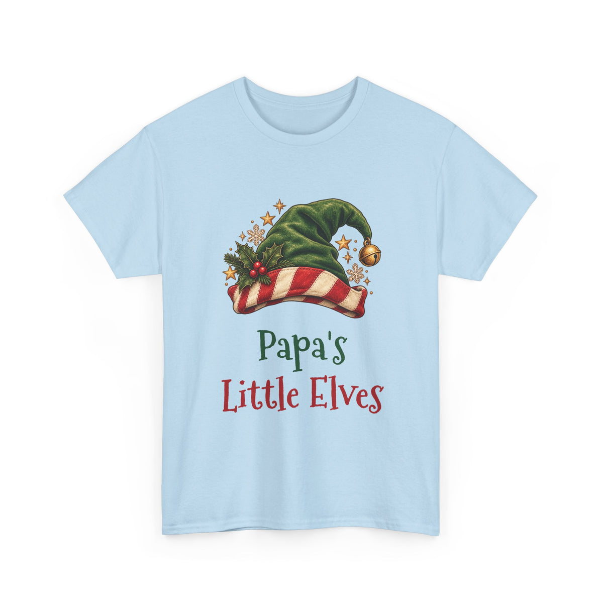 Light Blue Papa's Little Elves t-shirt with a green elf hat and holly, front view