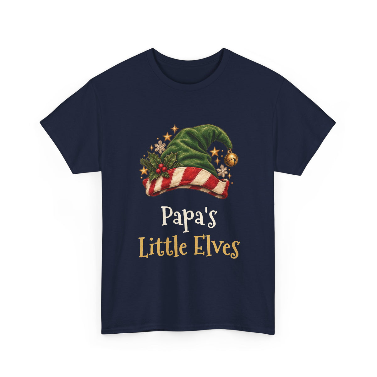 Navy Papa's Little Elves t-shirt with a green elf hat and holly, front view