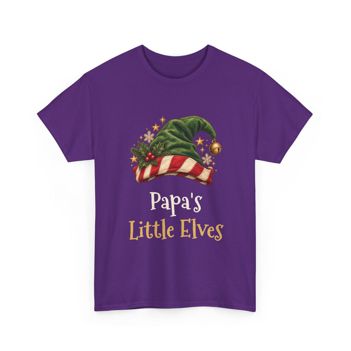 Purple Papa's Little Elves t-shirt with a green elf hat and holly, front view