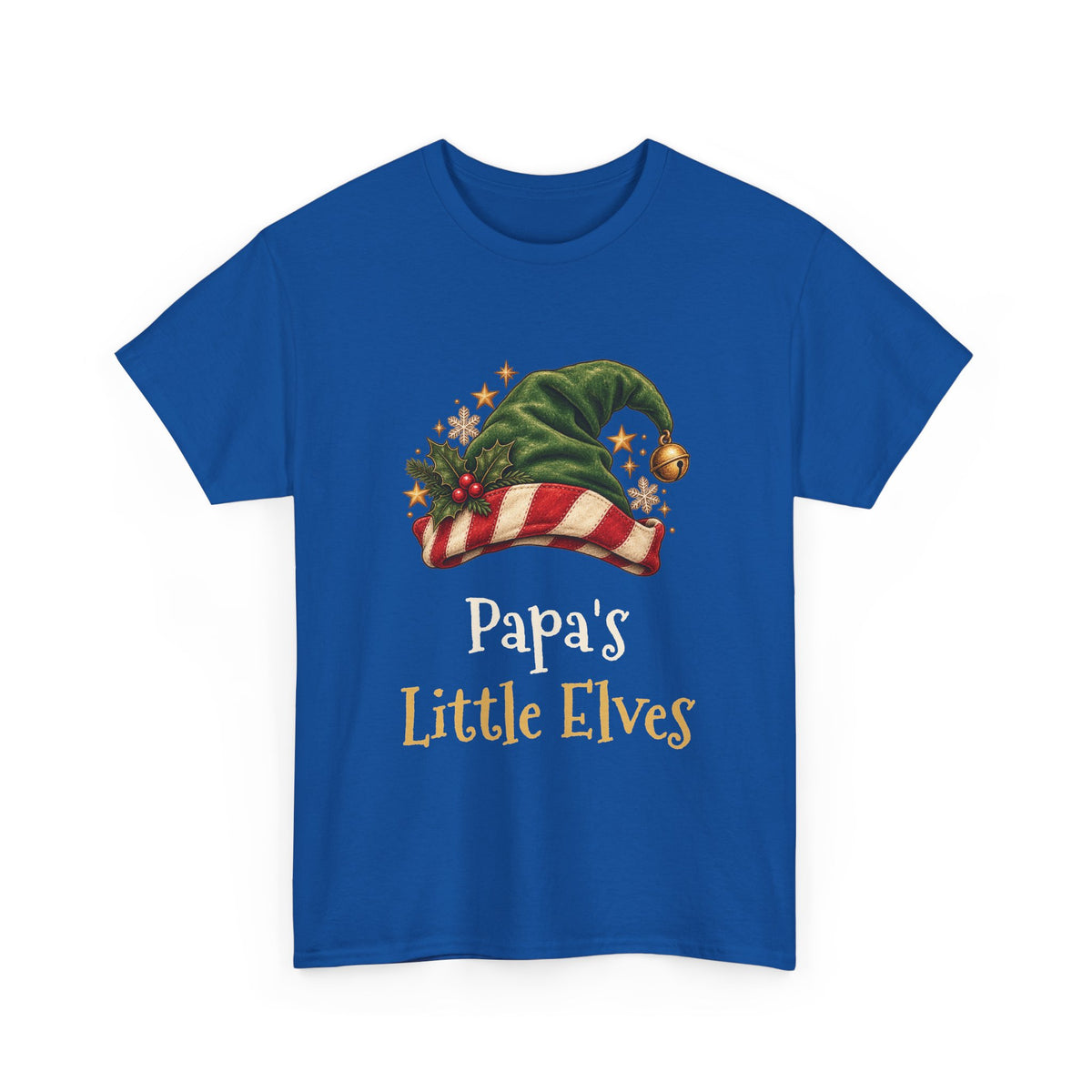 Royal Papa's Little Elves t-shirt with a green elf hat and holly, front view