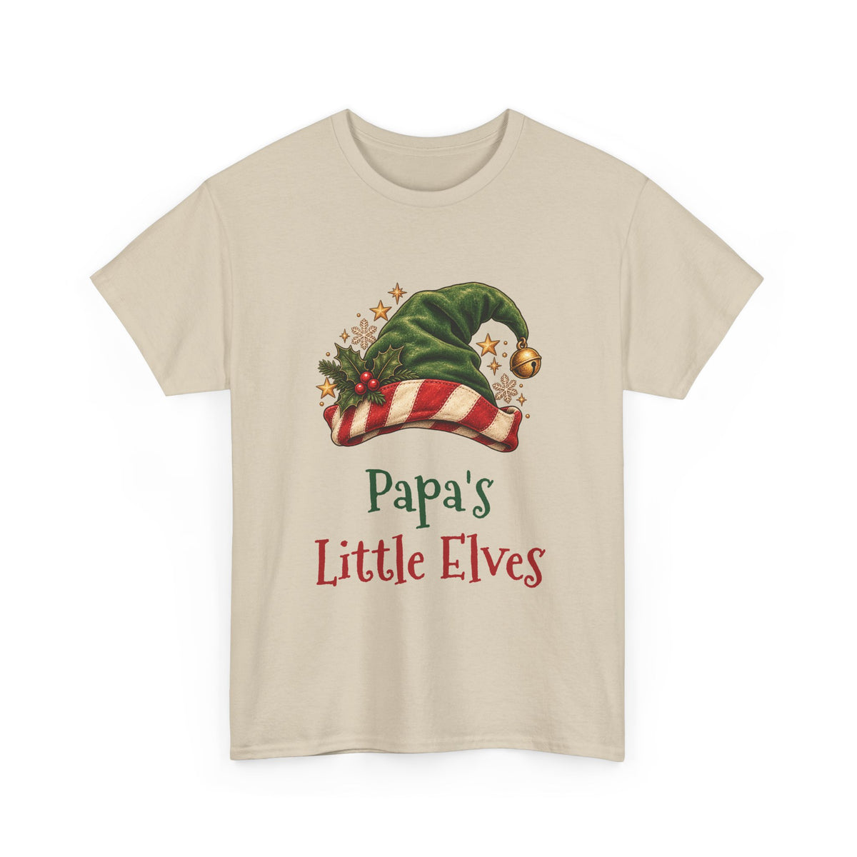 Sand Papa's Little Elves t-shirt with a green elf hat and holly, front view
