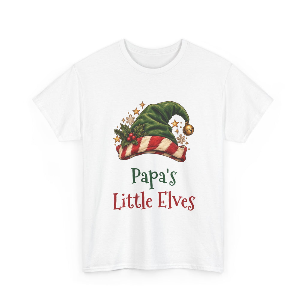 White Papa's Little Elves t-shirt with a green elf hat and holly, front view