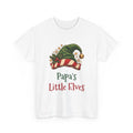 White Papa's Little Elves t-shirt with a green elf hat and holly, front view