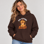 Woman wearing the Dark Chocolate Paw-sitively Thankful Hoodie with jeans