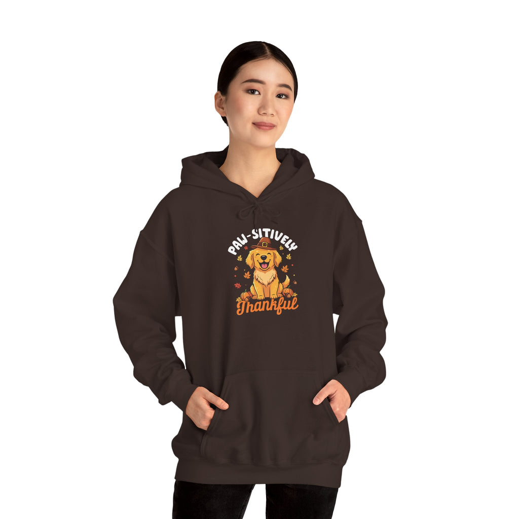 Model wearing the dark chocolate Paw-sitively Thankful Hoodie