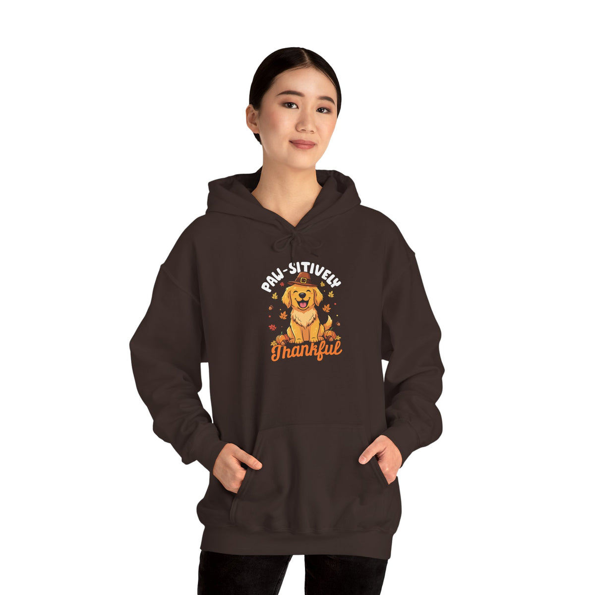 Model wearing the dark chocolate Paw-sitively Thankful Hoodie