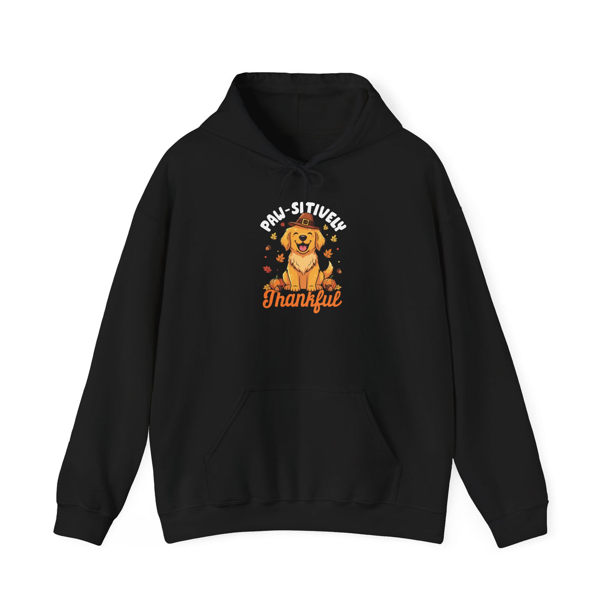 Black Paw-sitively Thankful hoodie with a golden retriever puppy in a pilgrim hat, front view