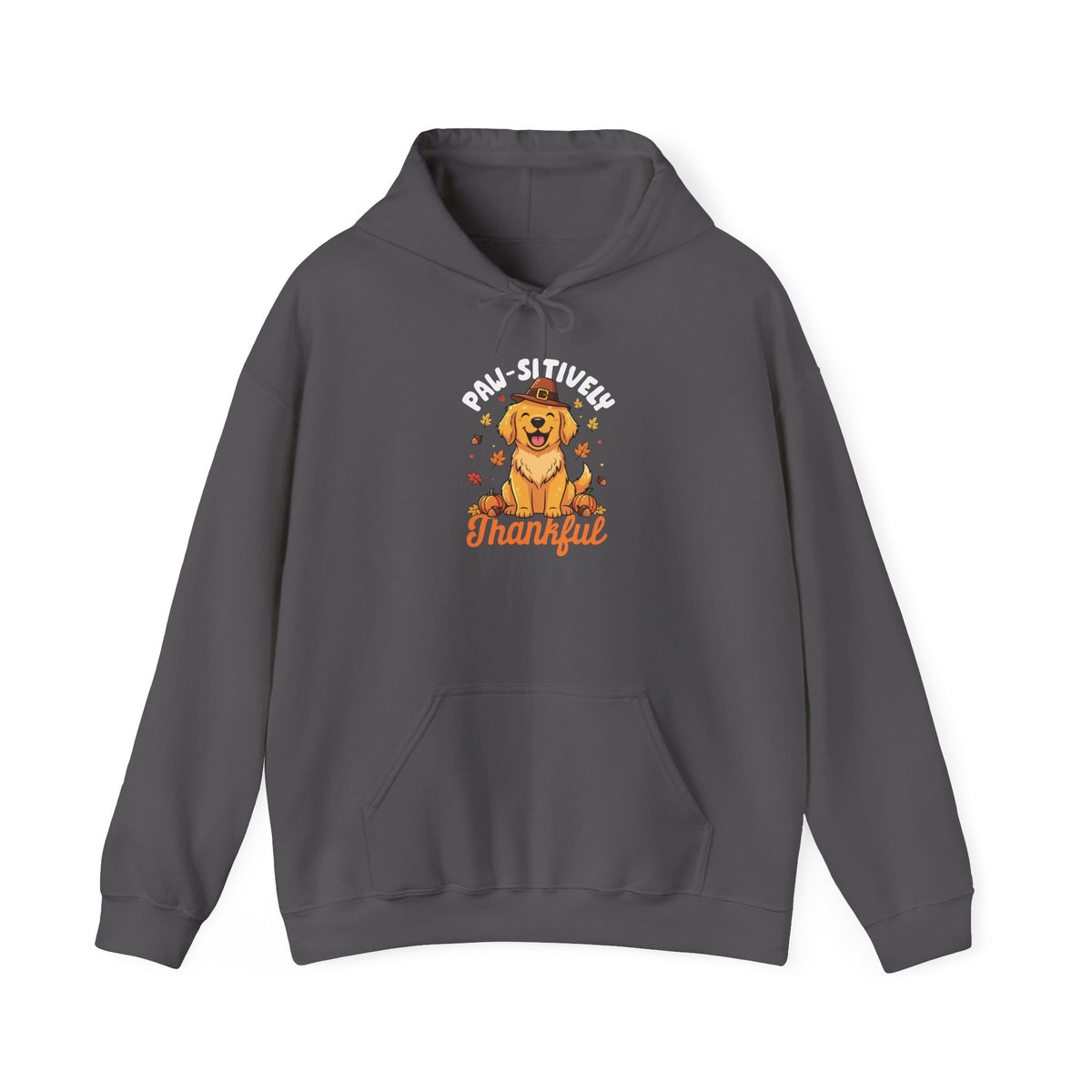Charcoal Paw-sitively Thankful hoodie with a golden retriever puppy in a pilgrim hat, front view