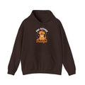 Dark Chocolate Paw-sitively Thankful hoodie with a golden retriever puppy in a pilgrim hat, front view