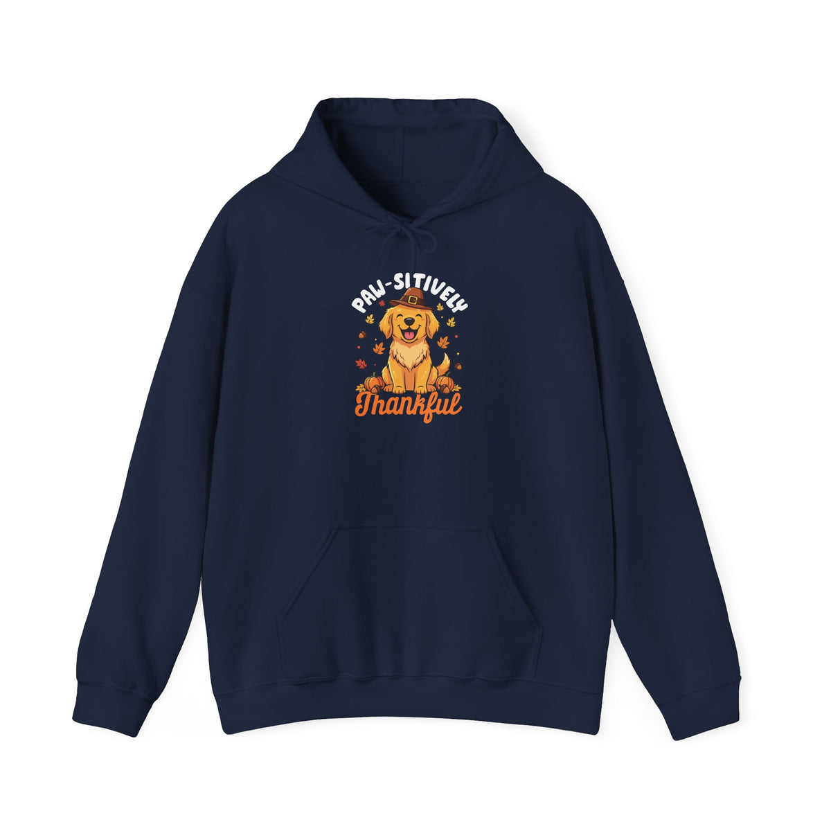 Navy Paw-sitively Thankful hoodie with a golden retriever puppy in a pilgrim hat, front view