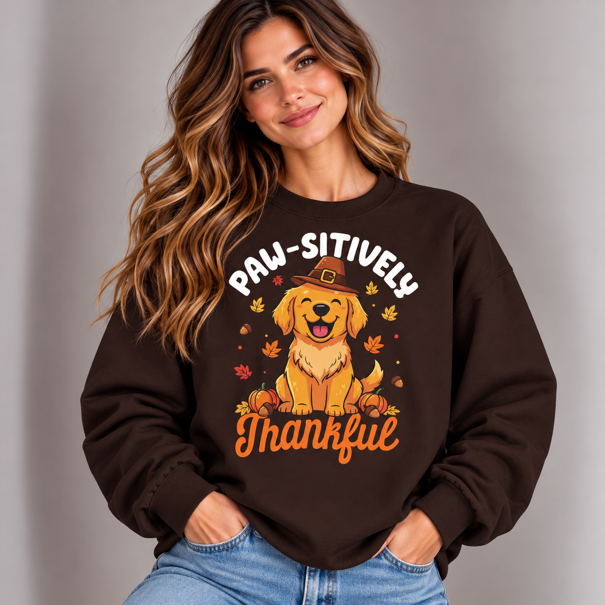 Woman wearing the Dark Chocolate Paw-sitively Thankful Sweatshirt with jeans