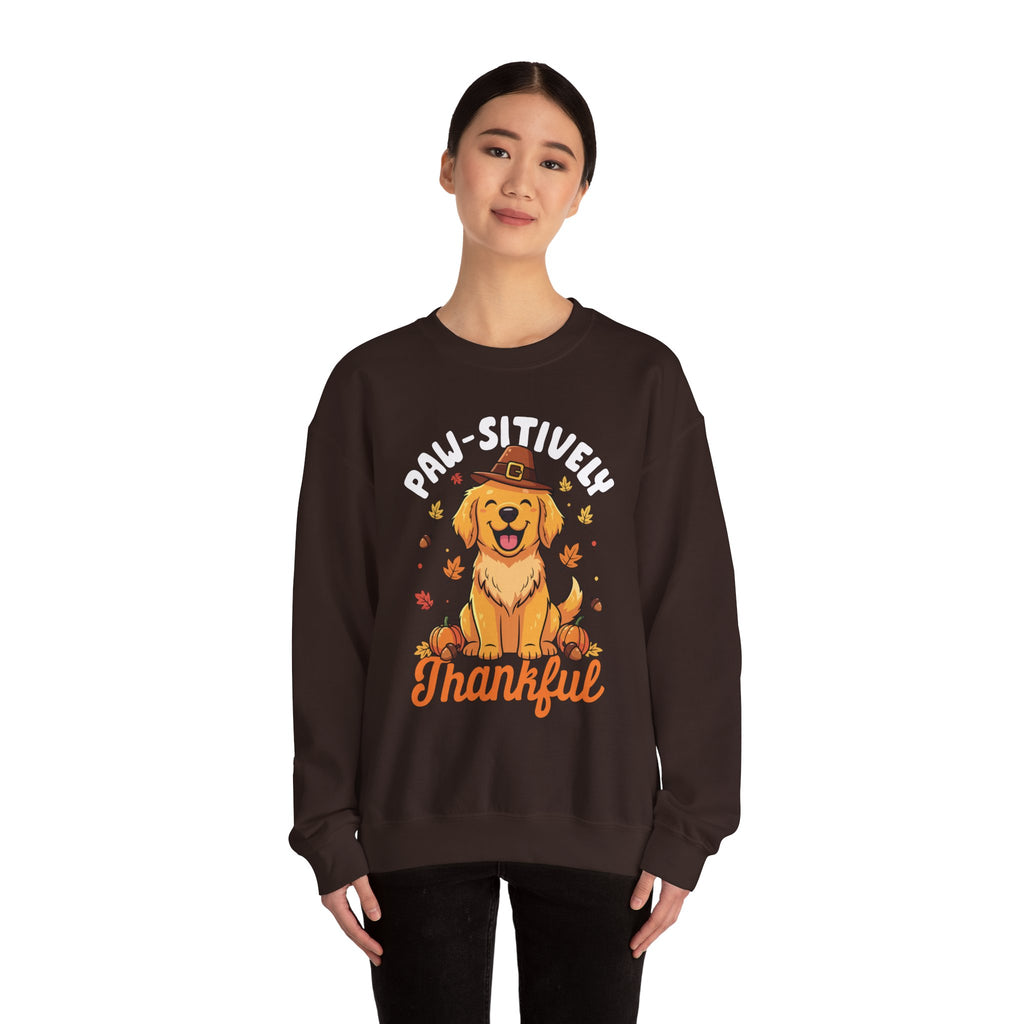 Model wearing the dark chocolate Paw-sitively Thankful Sweatshirt