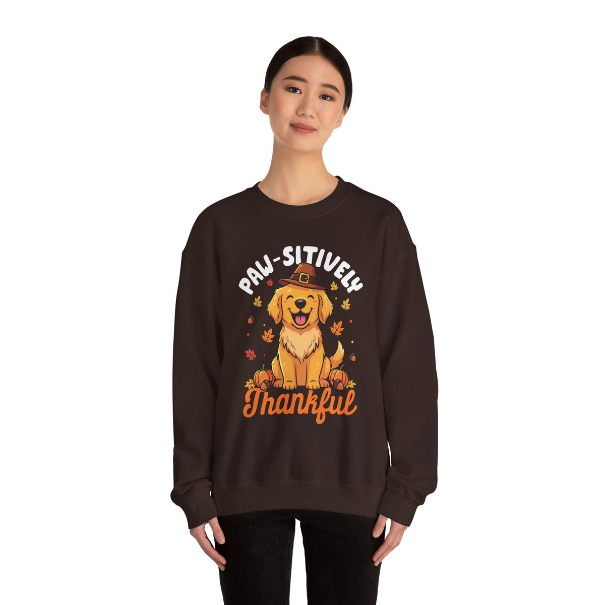Model wearing the dark chocolate Paw-sitively Thankful Sweatshirt