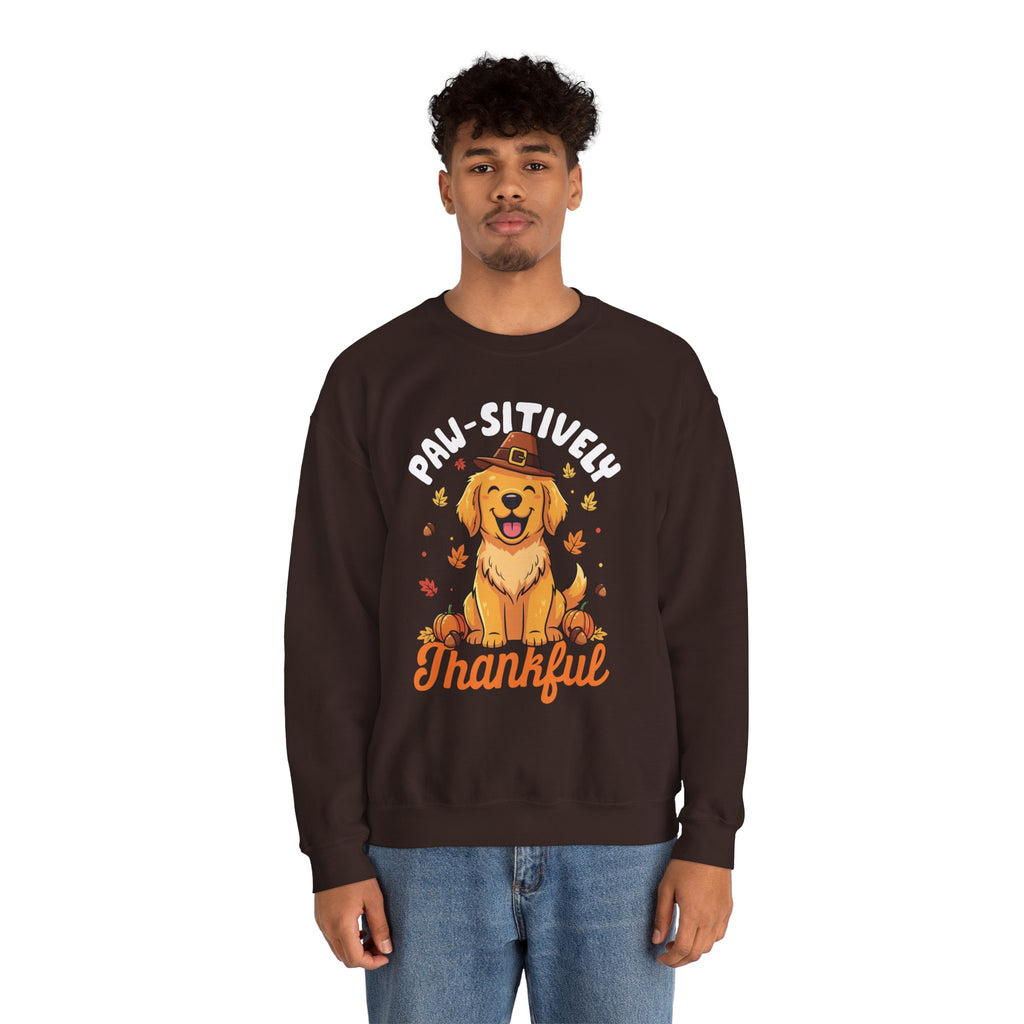 Model wearing the dark chocolate Paw-sitively Thankful Sweatshirt