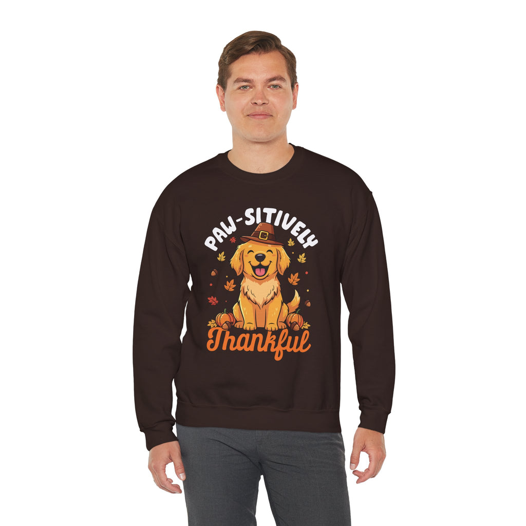 Model wearing the dark chocolate Paw-sitively Thankful Sweatshirt