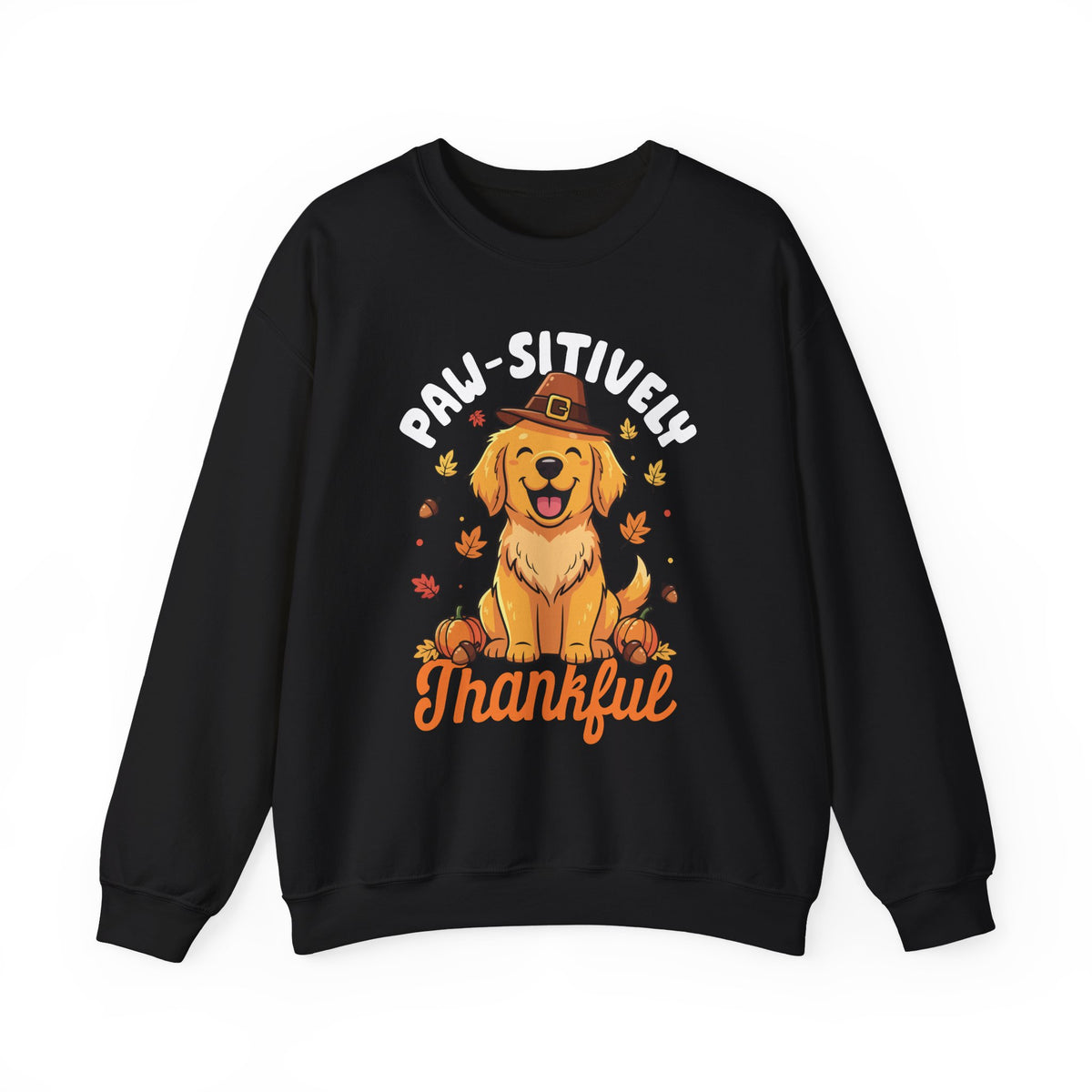 Black Paw-sitively Thankful sweatshirt with a golden retriever puppy in a pilgrim hat, front view