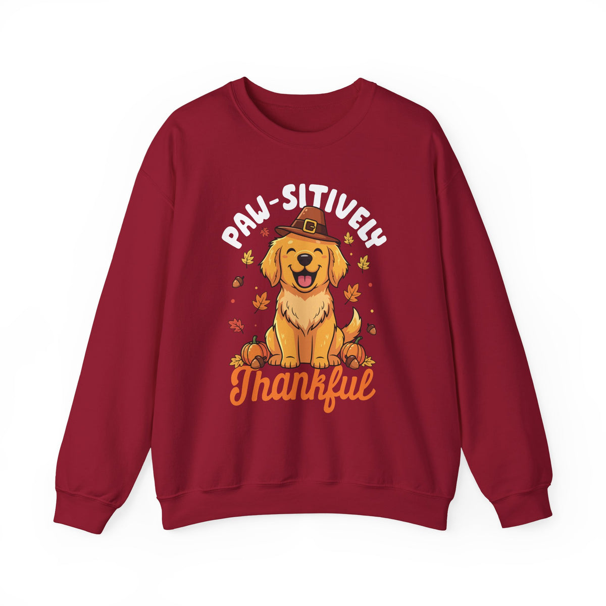 Cardinal Red Paw-sitively Thankful sweatshirt with a golden retriever puppy in a pilgrim hat, front view