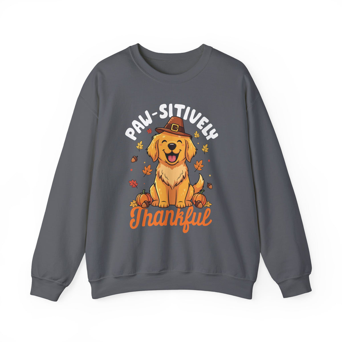 Charcoal Paw-sitively Thankful sweatshirt with a golden retriever puppy in a pilgrim hat, front view
