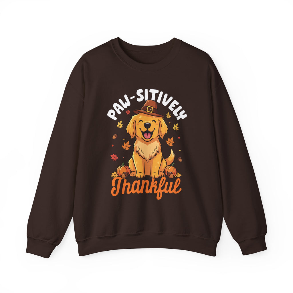 Dark Chocolate Paw-sitively Thankful sweatshirt with a golden retriever puppy in a pilgrim hat, front view