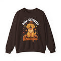Dark Chocolate Paw-sitively Thankful sweatshirt with a golden retriever puppy in a pilgrim hat, front view