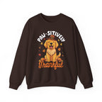 Dark Chocolate Paw-sitively Thankful sweatshirt with a golden retriever puppy in a pilgrim hat, front view