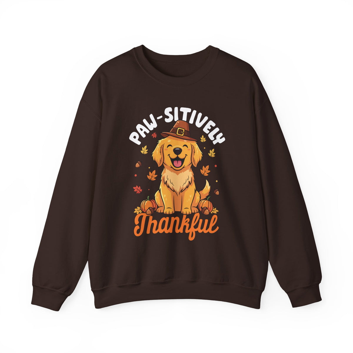 Dark Chocolate Paw-sitively Thankful sweatshirt with a golden retriever puppy in a pilgrim hat, front view