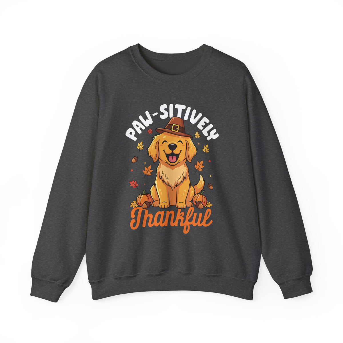 Dark Heather Paw-sitively Thankful sweatshirt with a golden retriever puppy in a pilgrim hat, front view