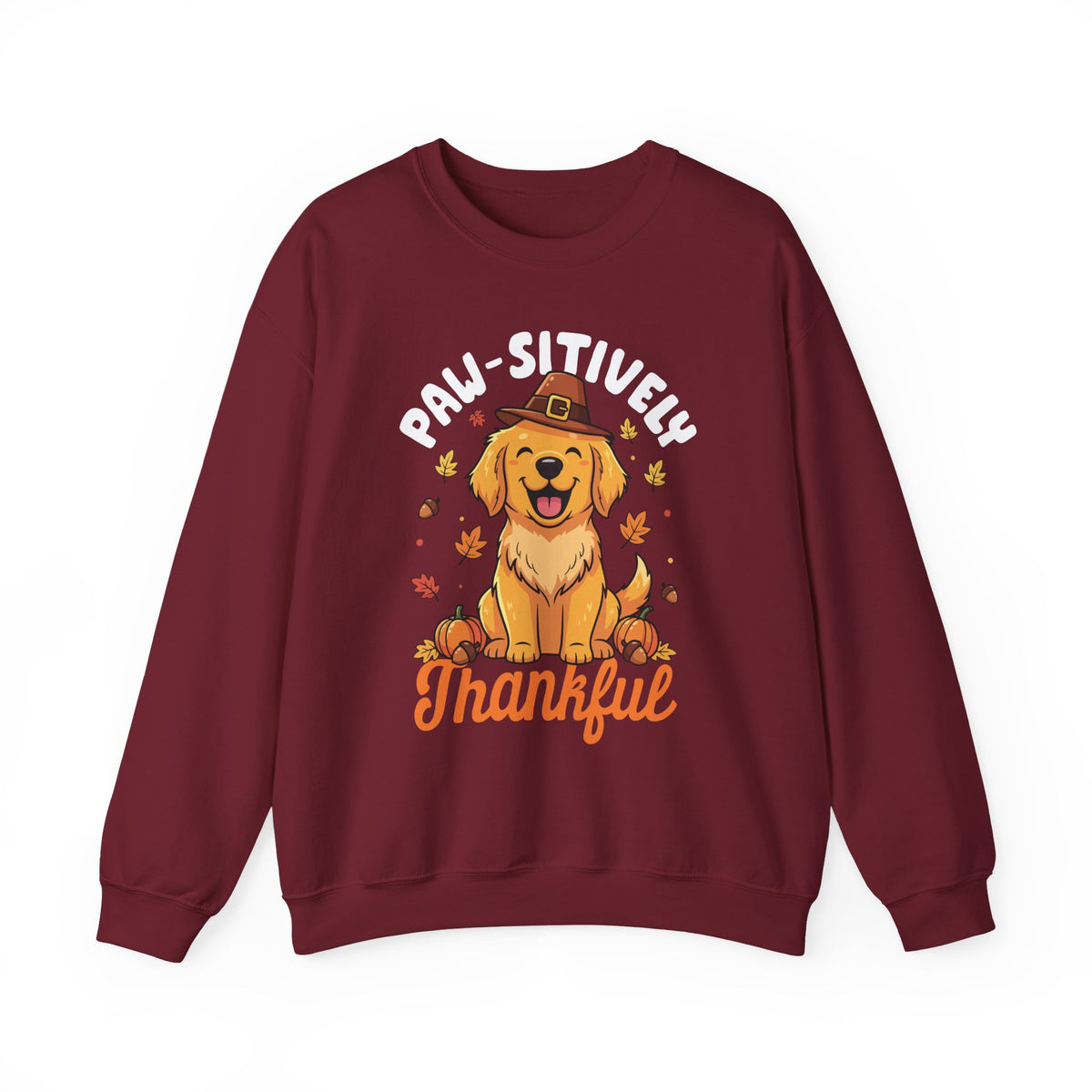 Garnet Paw-sitively Thankful sweatshirt with a golden retriever puppy in a pilgrim hat, front view
