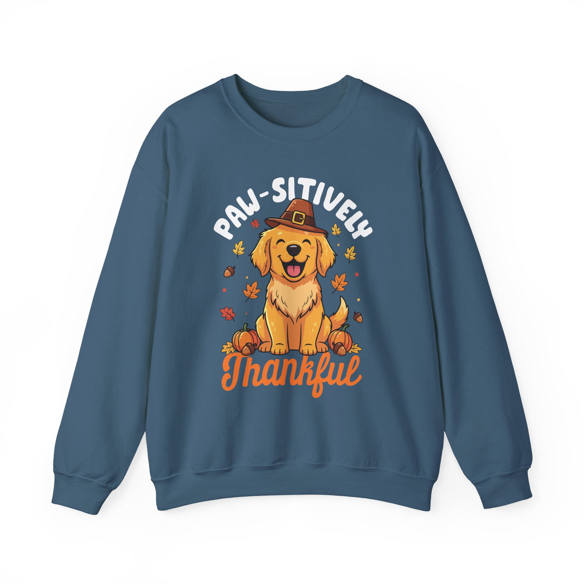 Indigo Blue Paw-sitively Thankful sweatshirt with a golden retriever puppy in a pilgrim hat, front view