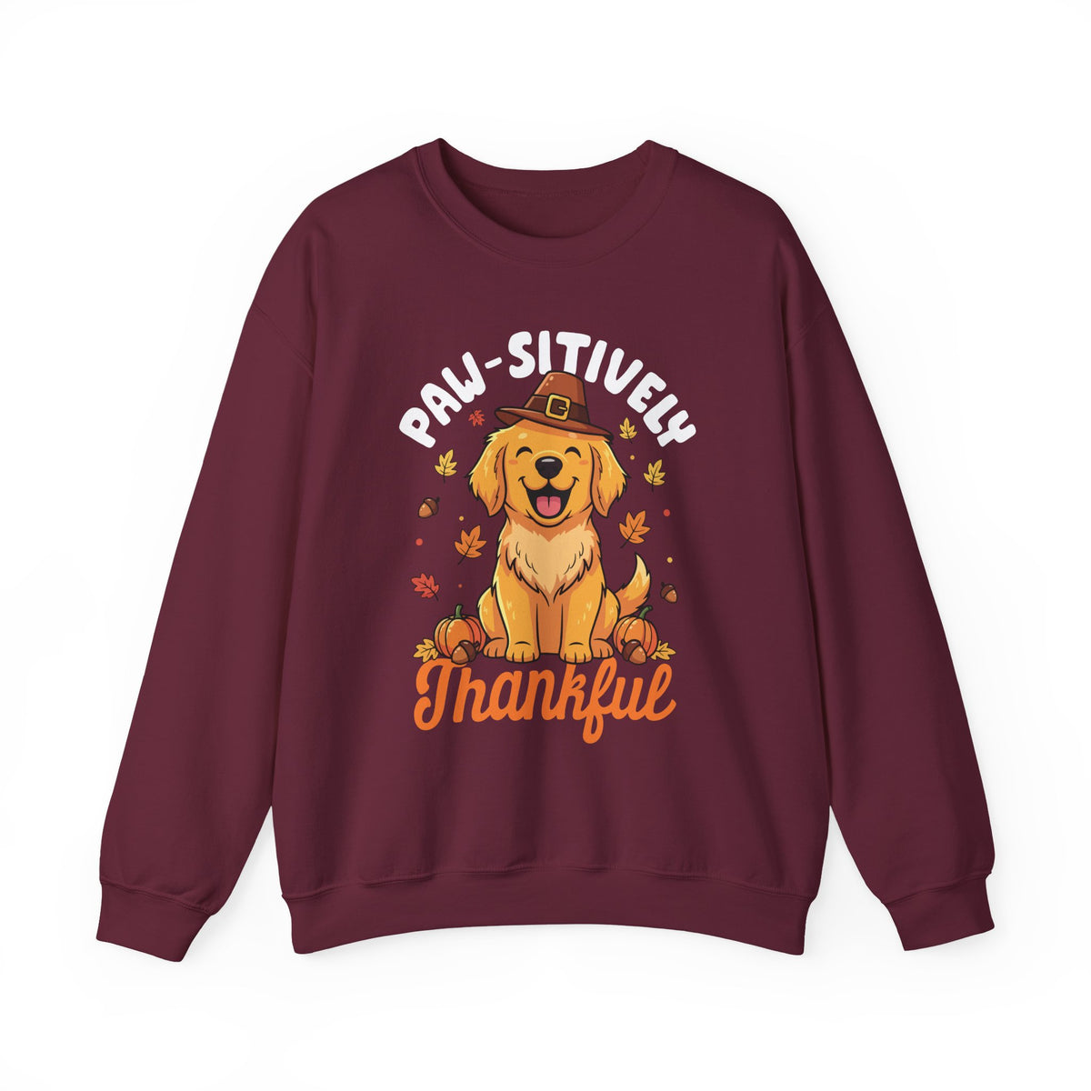 Maroon Paw-sitively Thankful sweatshirt with a golden retriever puppy in a pilgrim hat, front view