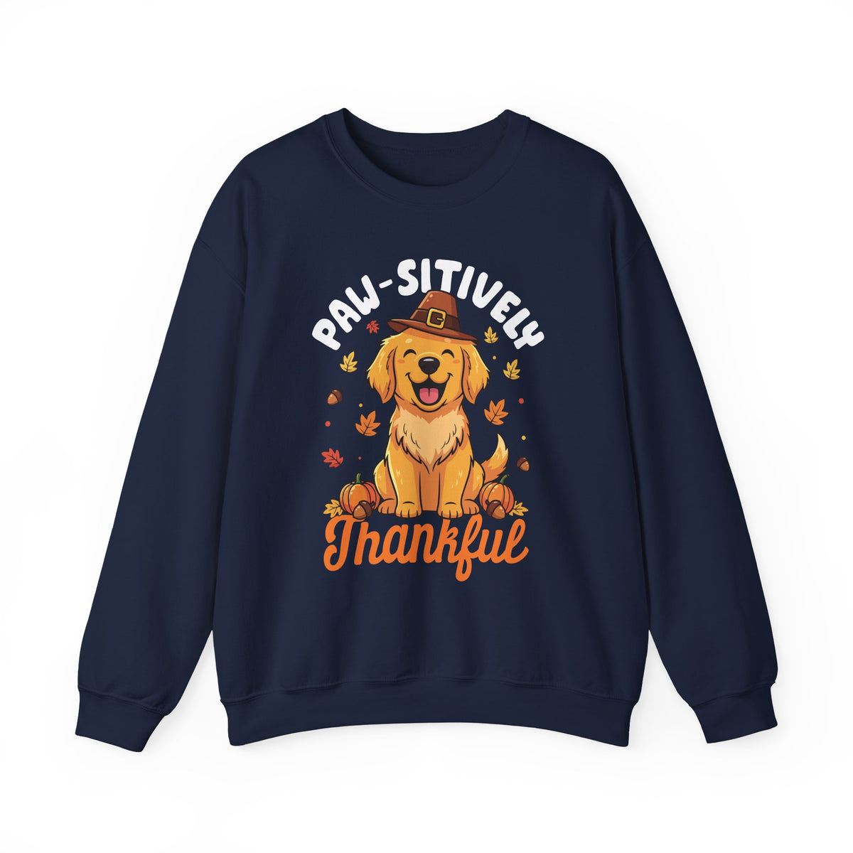 Navy Paw-sitively Thankful sweatshirt with a golden retriever puppy in a pilgrim hat, front view