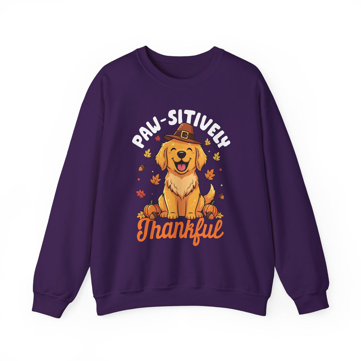 Purple Paw-sitively Thankful sweatshirt with a golden retriever puppy in a pilgrim hat, front view
