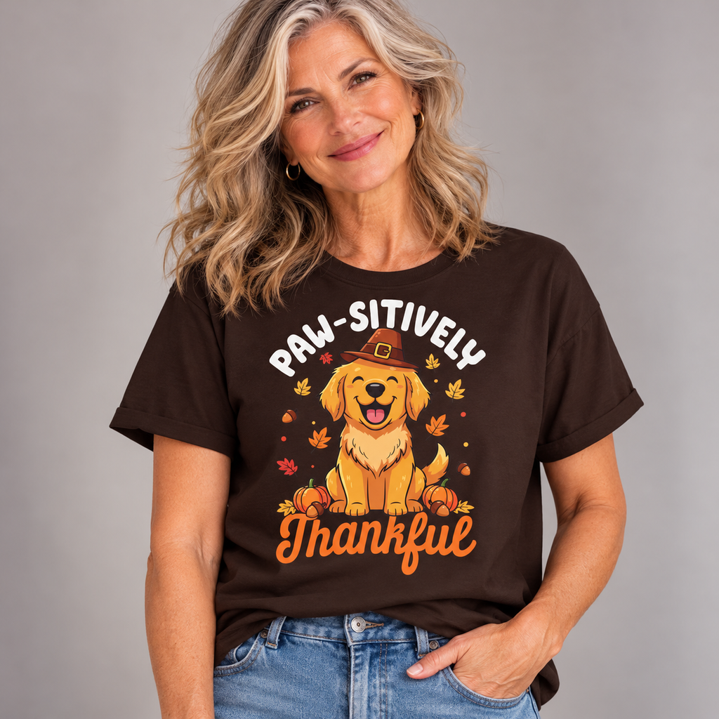 Woman wearing the Dark Chocolate Paw-sitively Thankful T-Shirt with jeans