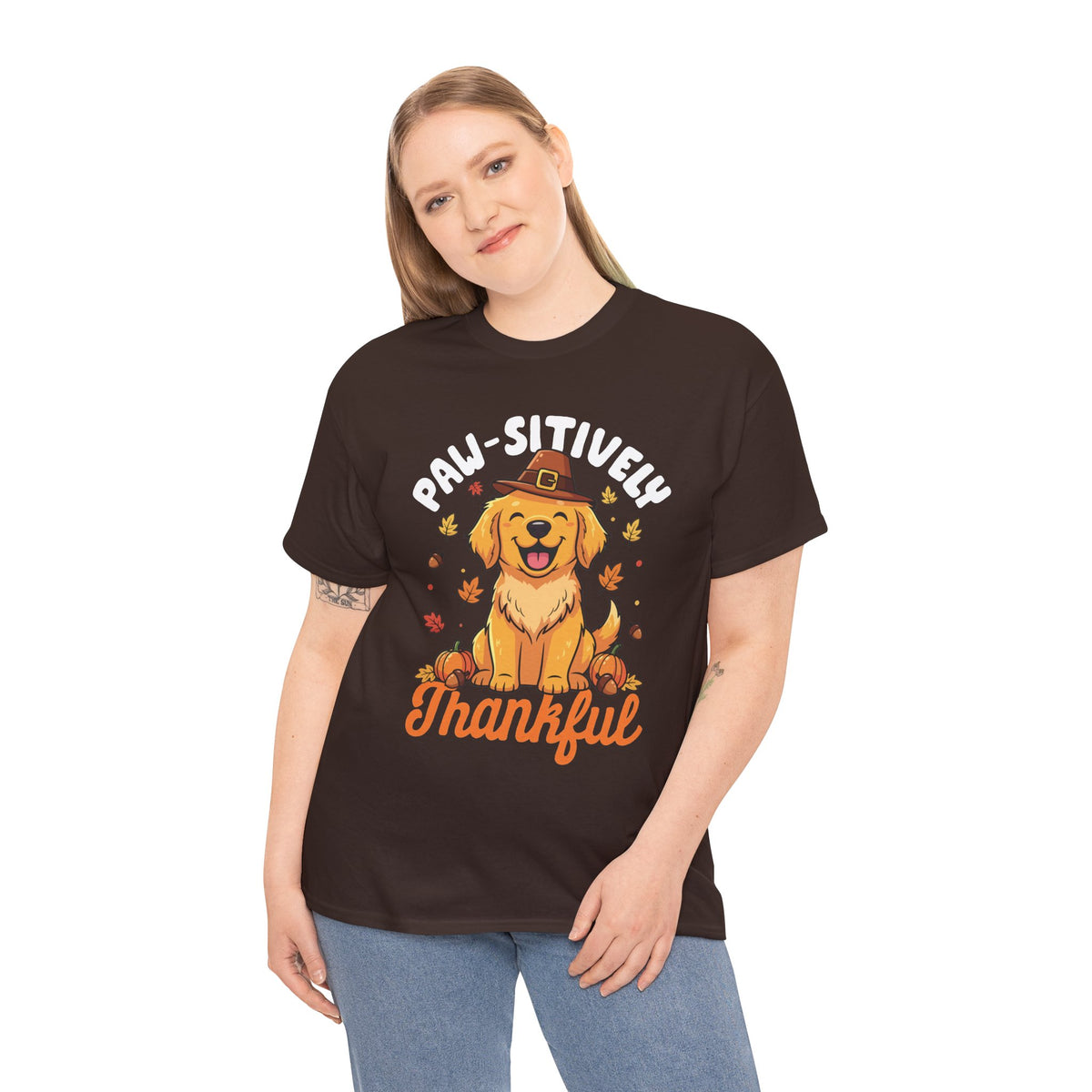 Model wearing the dark chocolate Paw-sitively Thankful T-Shirt