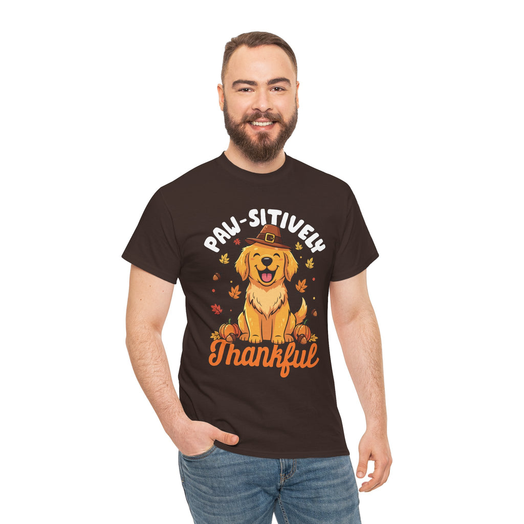 Model wearing the dark chocolate Paw-sitively Thankful T-Shirt