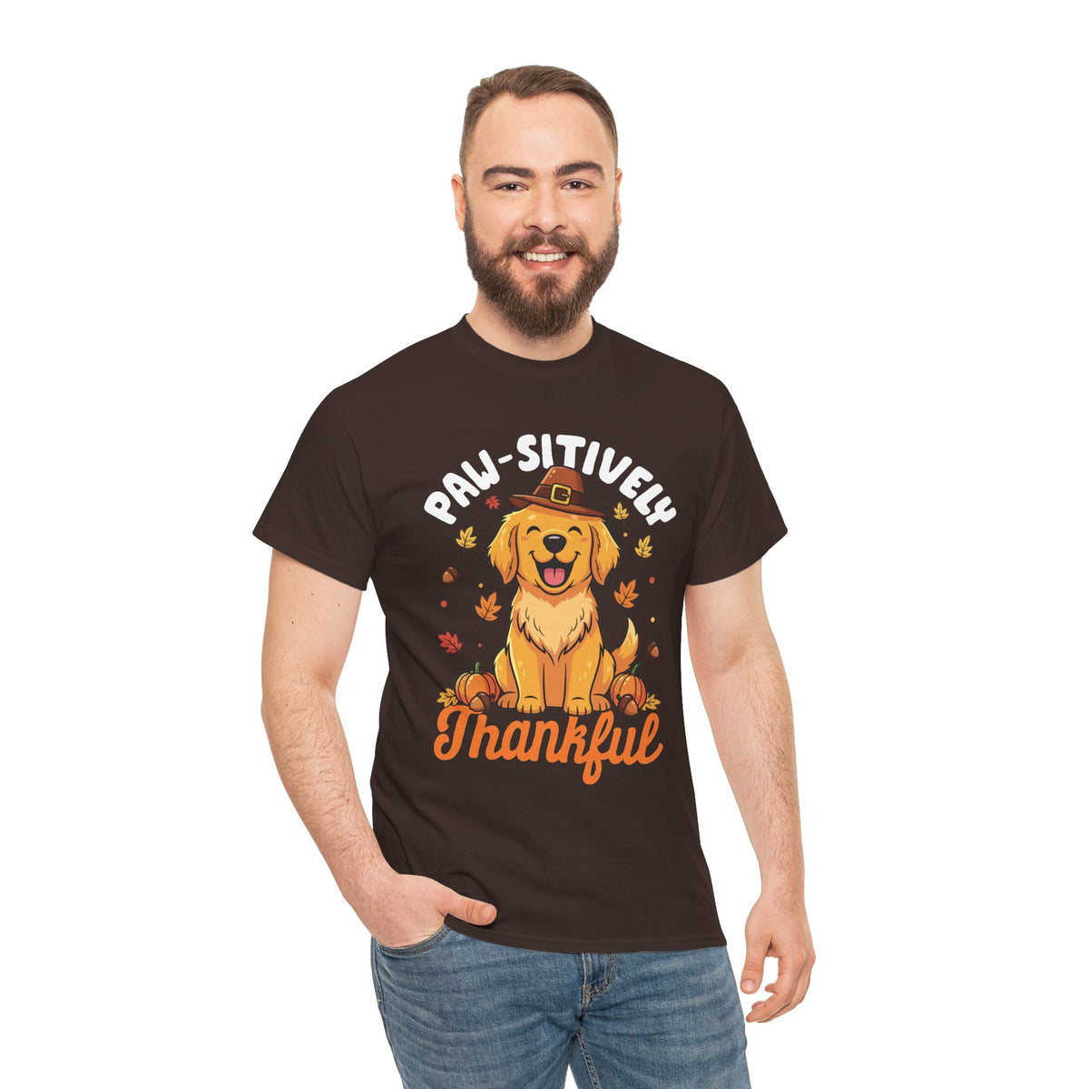 Model wearing the dark chocolate Paw-sitively Thankful T-Shirt
