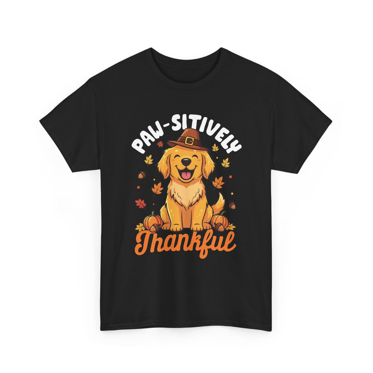 Black Paw-sitively Thankful t-shirt with a golden retriever puppy in a pilgrim hat, front view