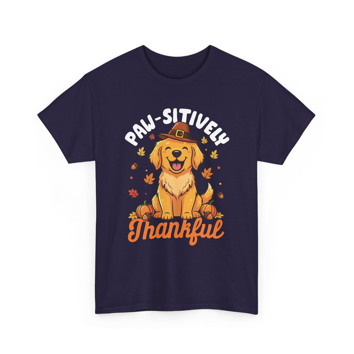 Blackberry Paw-sitively Thankful t-shirt with a golden retriever puppy in a pilgrim hat, front view