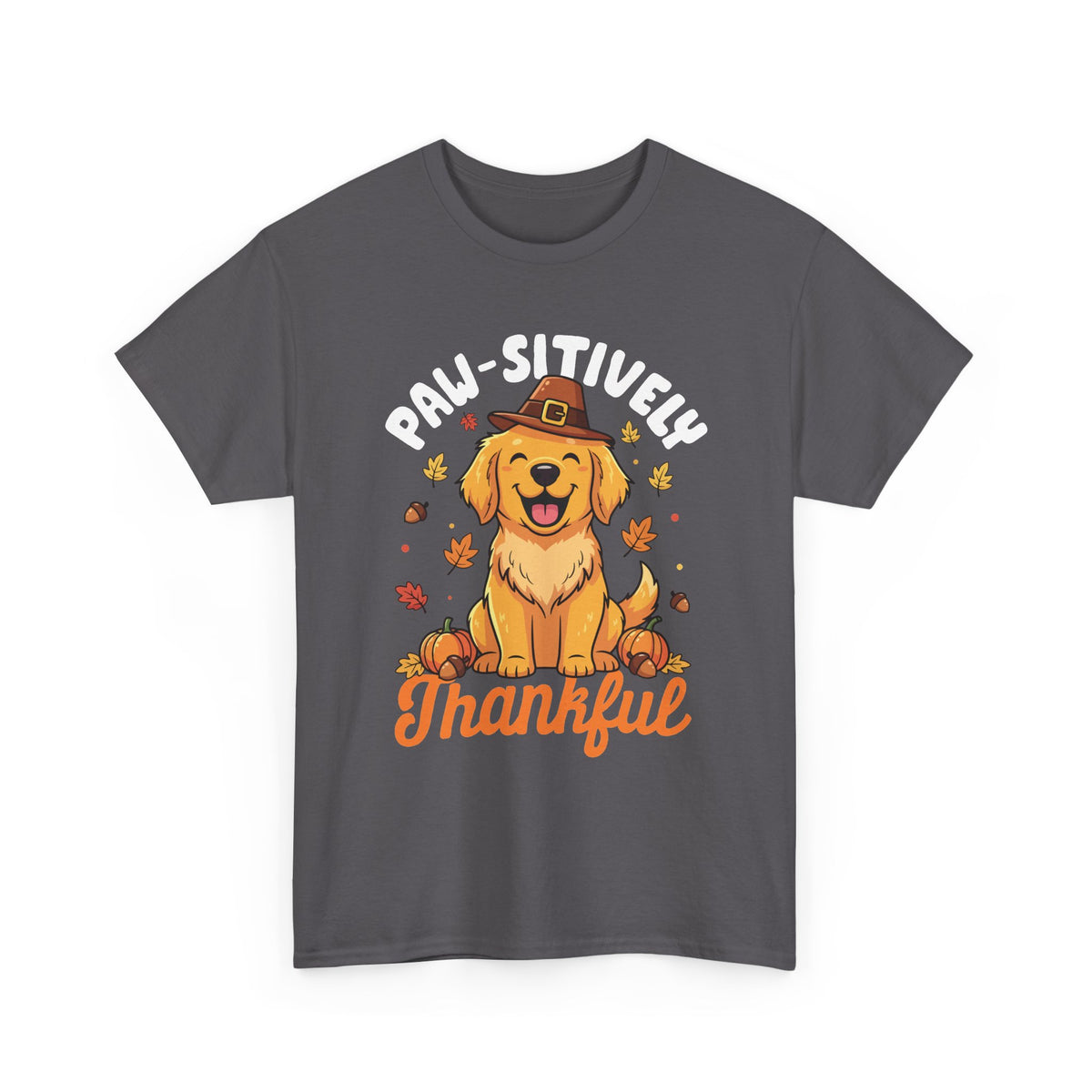 Charcoal Paw-sitively Thankful t-shirt with a golden retriever puppy in a pilgrim hat, front view