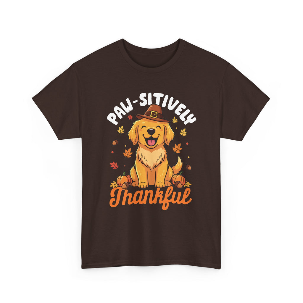Dark Chocolate Paw-sitively Thankful t-shirt with a golden retriever puppy in a pilgrim hat, front view