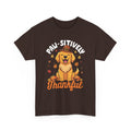 Dark Chocolate Paw-sitively Thankful t-shirt with a golden retriever puppy in a pilgrim hat, front view