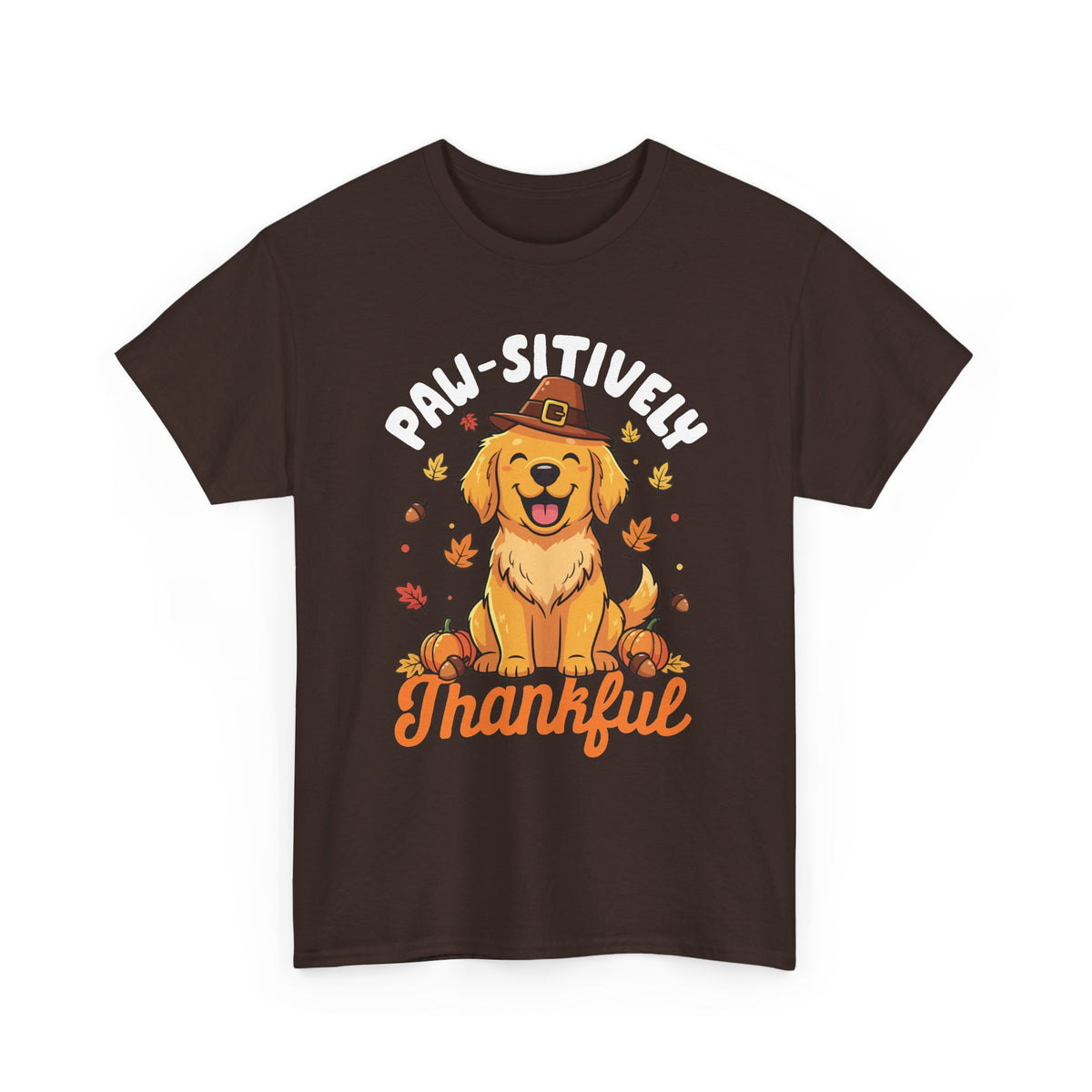 Dark Chocolate Paw-sitively Thankful t-shirt with a golden retriever puppy in a pilgrim hat, front view
