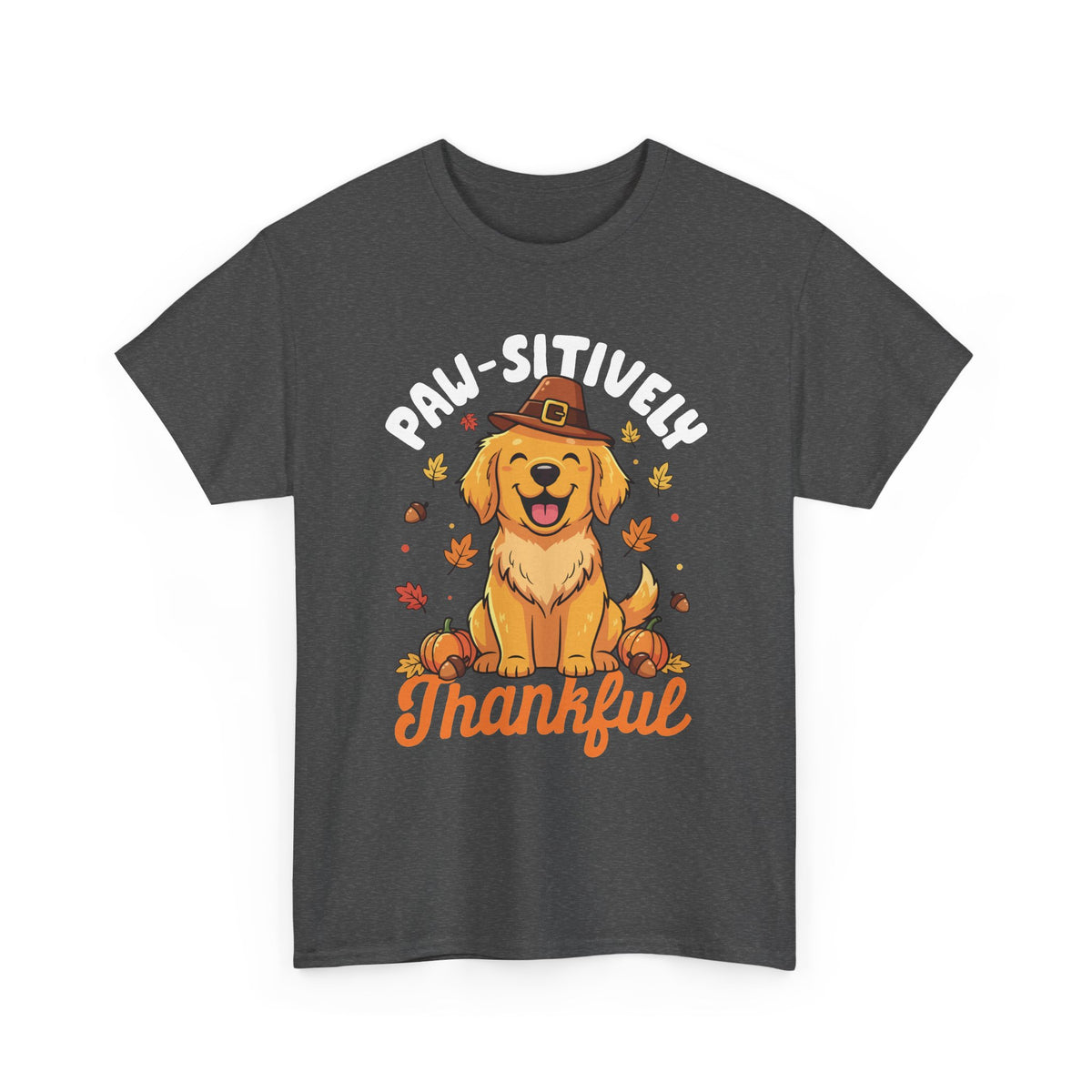 Dark Heather Paw-sitively Thankful t-shirt with a golden retriever puppy in a pilgrim hat, front view