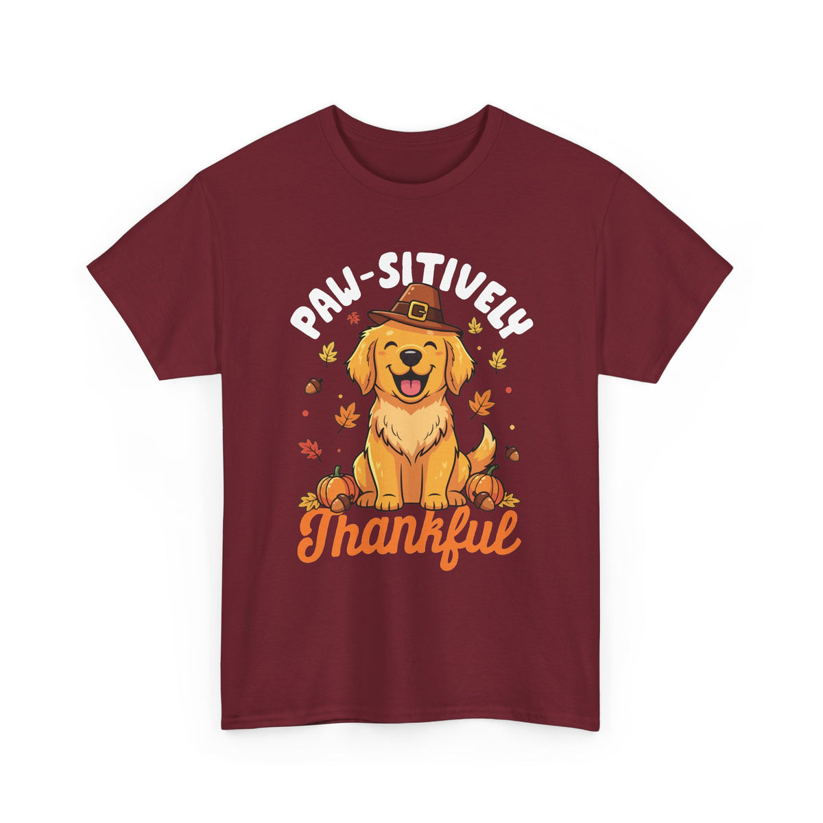 Garnet Paw-sitively Thankful t-shirt with a golden retriever puppy in a pilgrim hat, front view