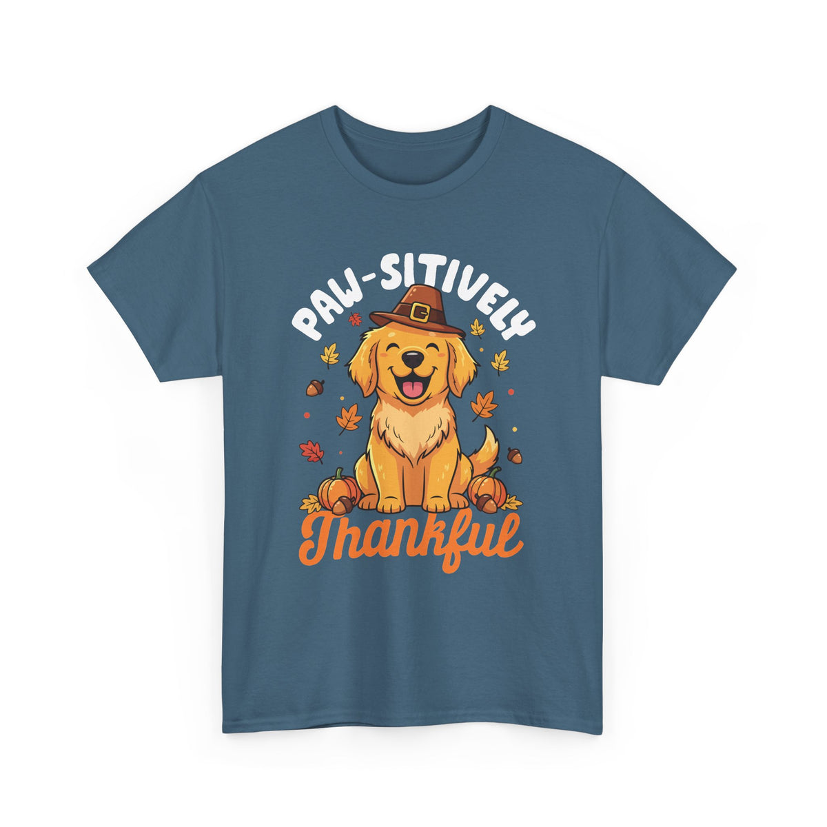 Indigo Blue Paw-sitively Thankful t-shirt with a golden retriever puppy in a pilgrim hat, front view
