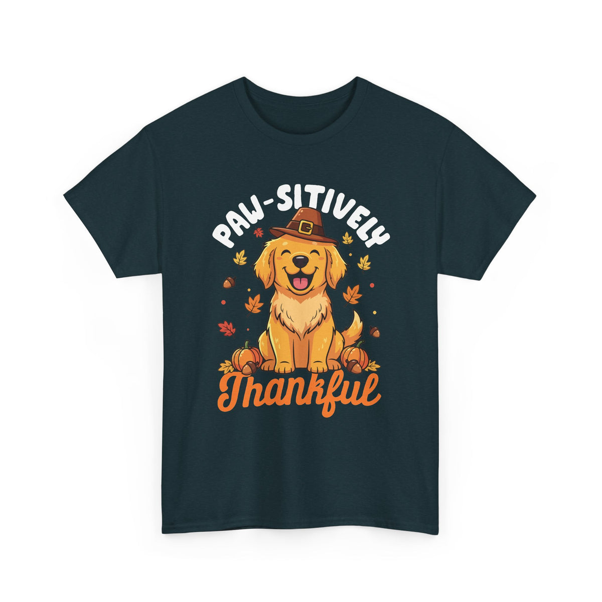 Midnight Paw-sitively Thankful t-shirt with a golden retriever puppy in a pilgrim hat, front view