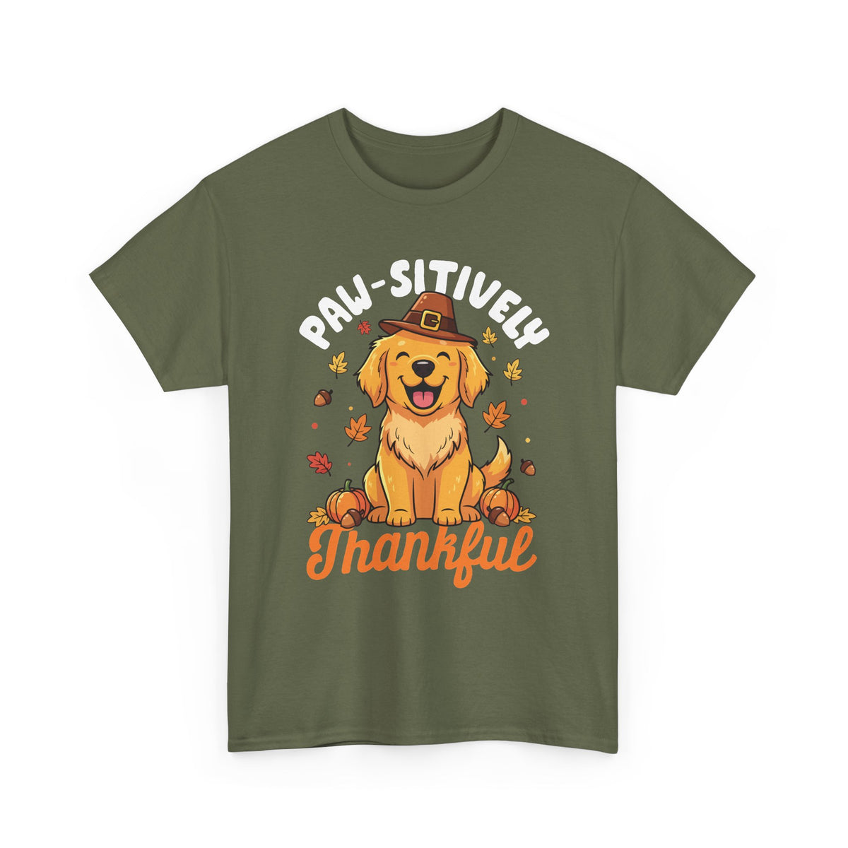 Military Green Paw-sitively Thankful t-shirt with a golden retriever puppy in a pilgrim hat, front view