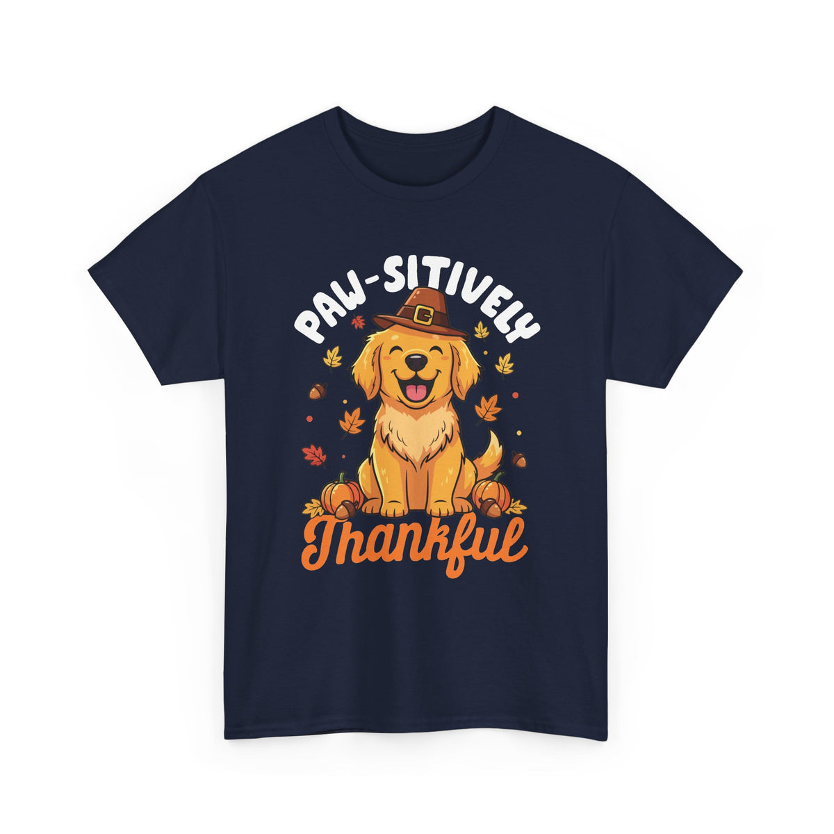 Navy Paw-sitively Thankful t-shirt with a golden retriever puppy in a pilgrim hat, front view